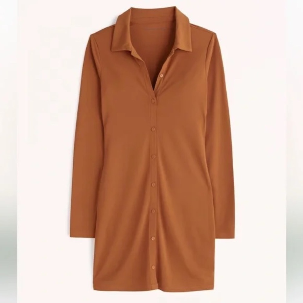 New Button Collared Long-Sleeve Shirt Dress Brown Rust XS | Abercrombie & Fitch